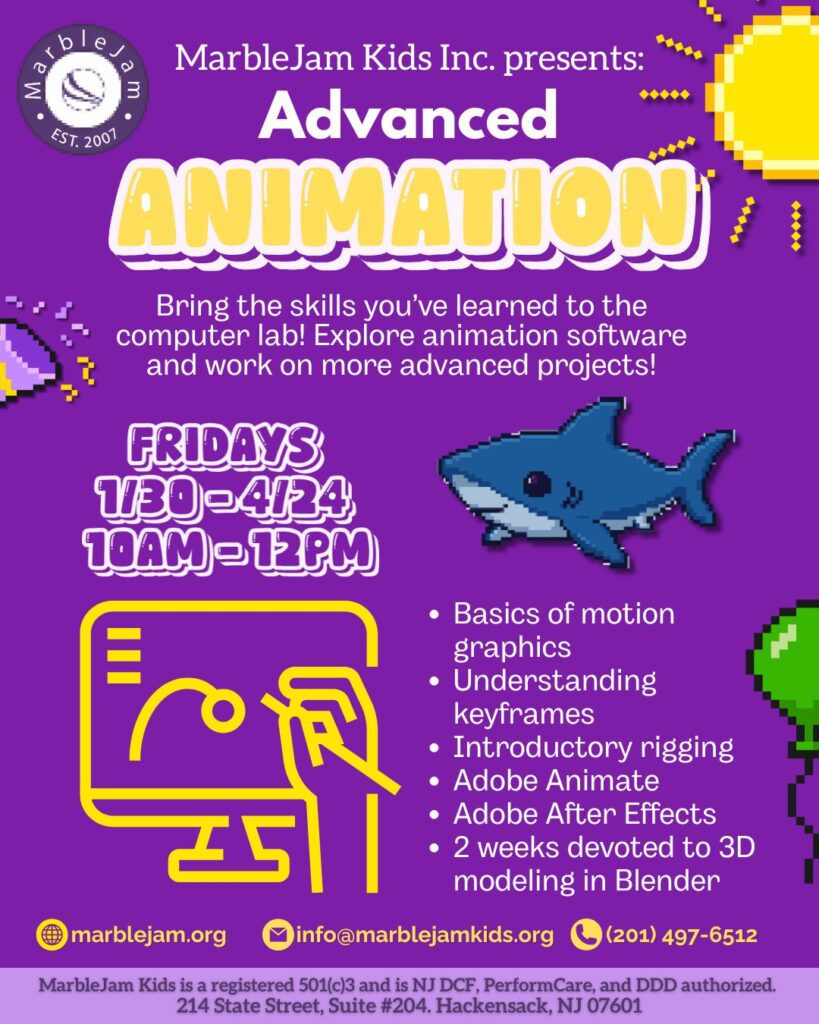 Flyer for an advanced animation class on Fridays with Blender basics and advanced projects.