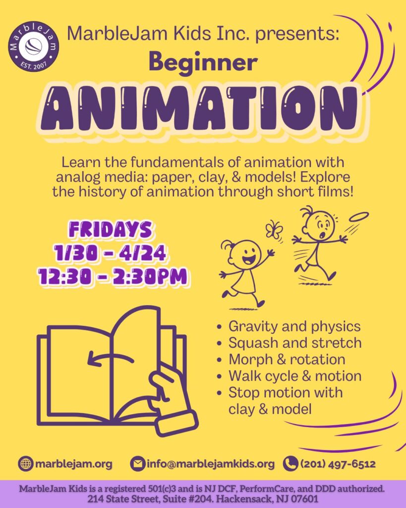 Flyer for beginner animation class with sketch and text details.