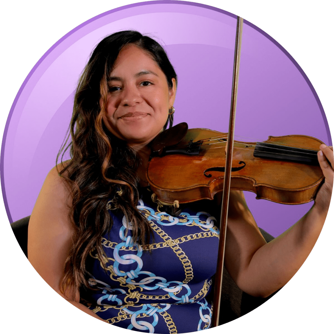 Woman smiling while holding a violin in a purple circular frame.